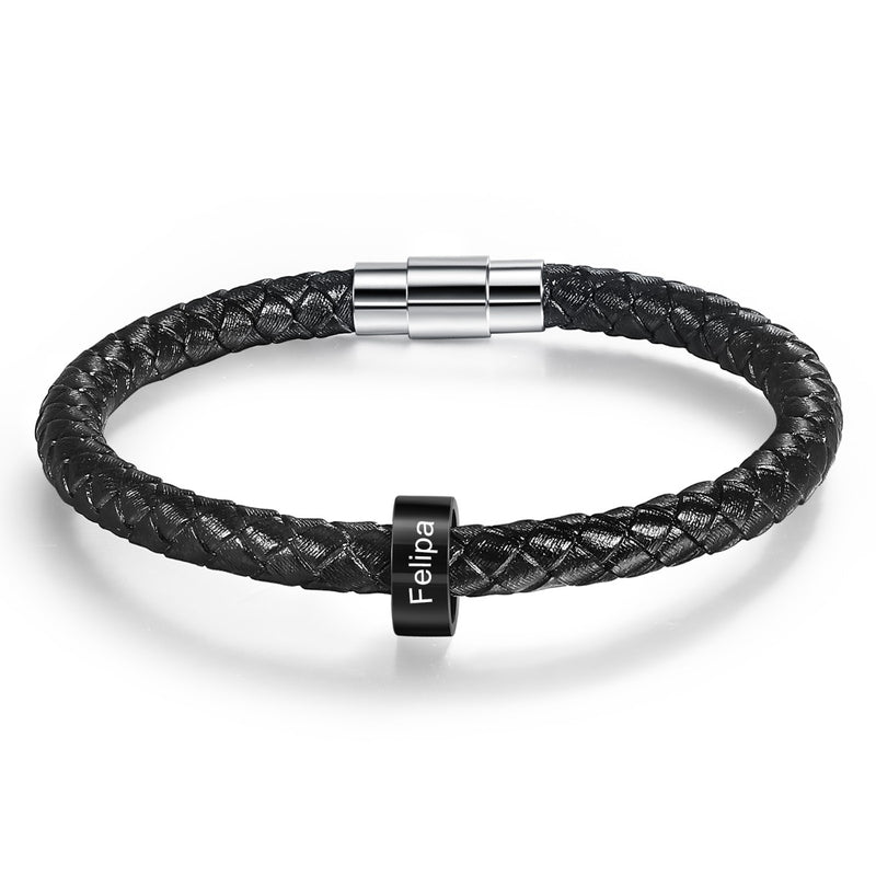 The braided leather accompanied with solid black stainless steel customised beads 