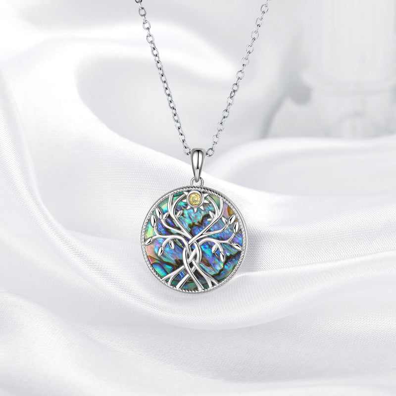 Kira Rhodium Plated Abalone Tree of Life Pendant Necklace