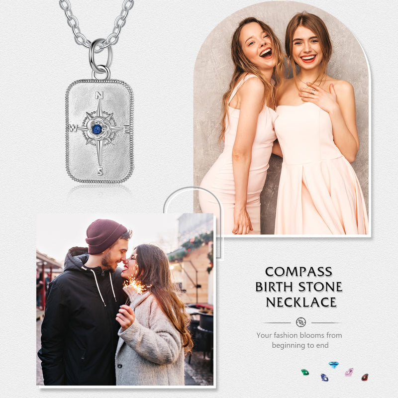 Riley Compass Pendant with Birthstone and Personalisation