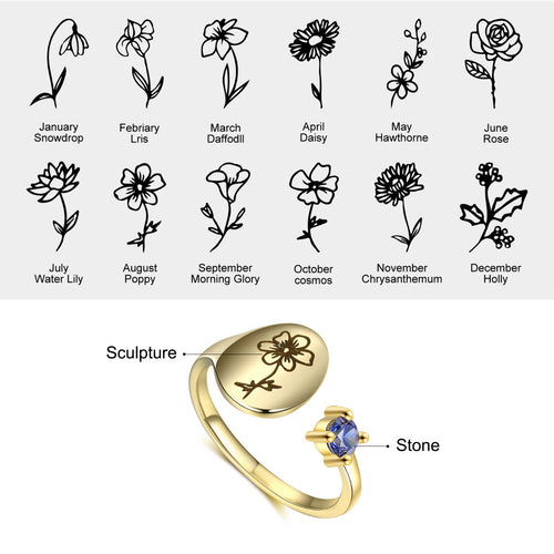 Fluer Gold Birthflower Adjustable Ring with Birthstone