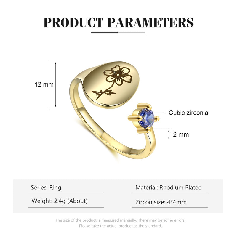 Fluer Gold Birthflower Adjustable Ring with Birthstone