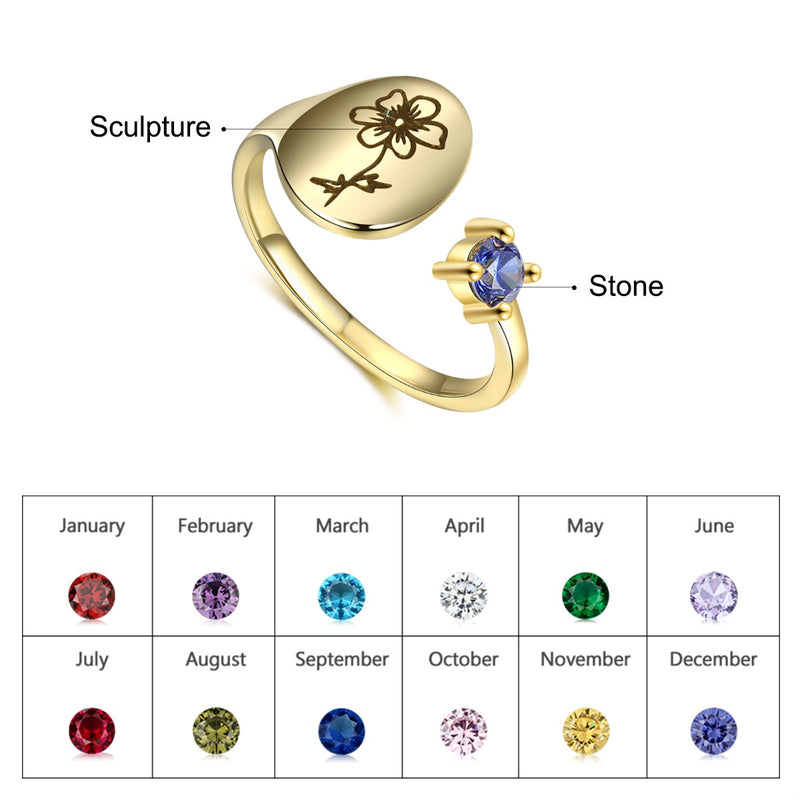 Fluer Gold Birthflower Adjustable Ring with Birthstone