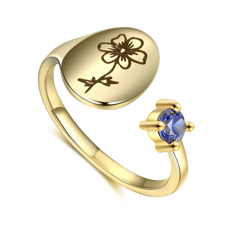 Fluer Gold Birthflower Adjustable Ring with Birthstone